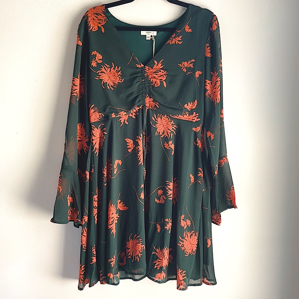 Bell Sleeve Floral Emerald Flowy Dress
